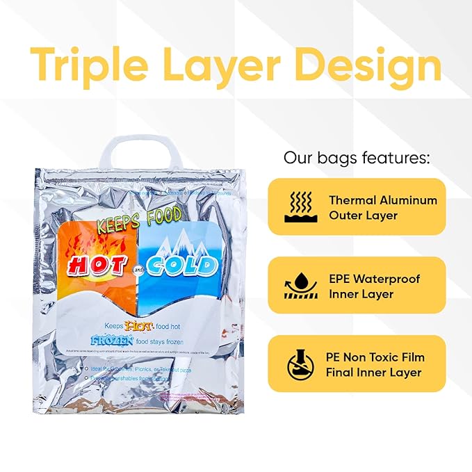 Superio Hot and Cold Insulated Bags for Food Delivery, Grocery Shopping Bags, Food Storage for Hot and Frozen Food for Travel, Disposable Cooler Bag, Reinforced Thermal Lunch Bag (4, 12"x13.5")