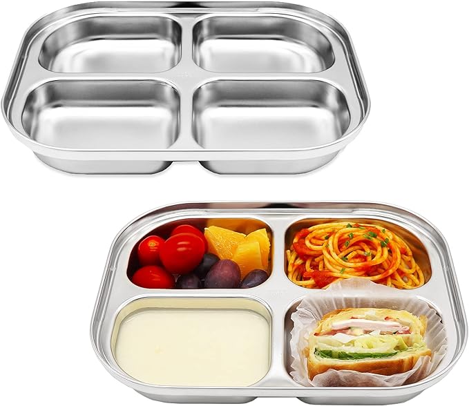 Korean Stainless Steel Divided Plates by KS&E, Little Kids Toddlers Babies Tray, BPA Free, Diet Food Control, Compact Serving Platter, Dinner Snack, 4 Compartment Plate Silver, Set of 2