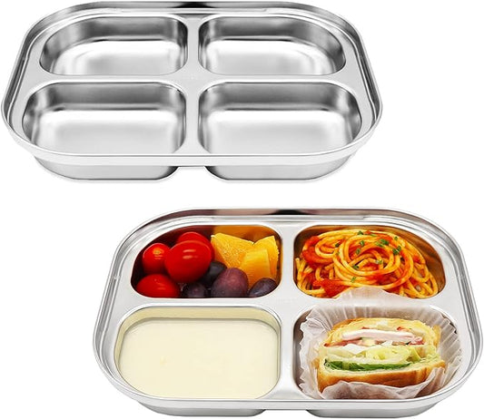 Korean Stainless Steel Divided Plates by KS&E, Little Kids Toddlers Babies Tray, BPA Free, Diet Food Control, Compact Serving Platter, Dinner Snack, 4 Compartment Plate Silver, Set of 2