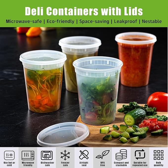 50 Pack Plastic Deli Containers with Lids,32 oz Food Storage Containers with Airtight Lids,Leakproof Soup Container,Stackable,Freezer,Microwave/Dishwasher Safe