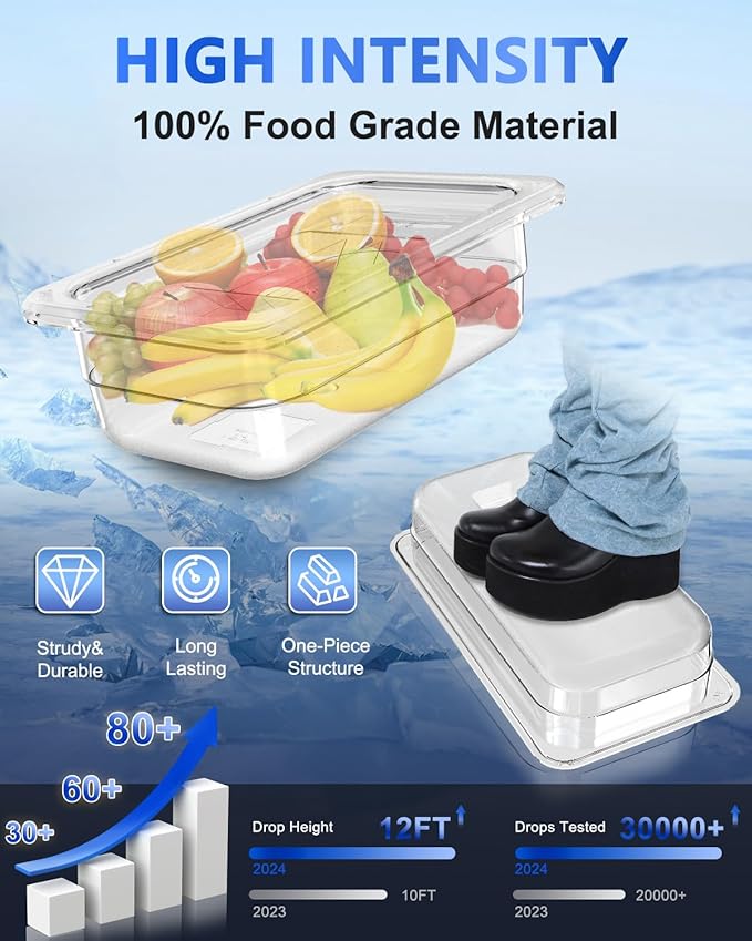 1/6 Size 4 Inch Clear NSF Polycarbonate Food Pan-9 PCS[Food Grade][Hot&Cold Resistant] Commercial Pans with Lids, Restaurant Storage Containers Hotel Pan(BPA-FREE)
