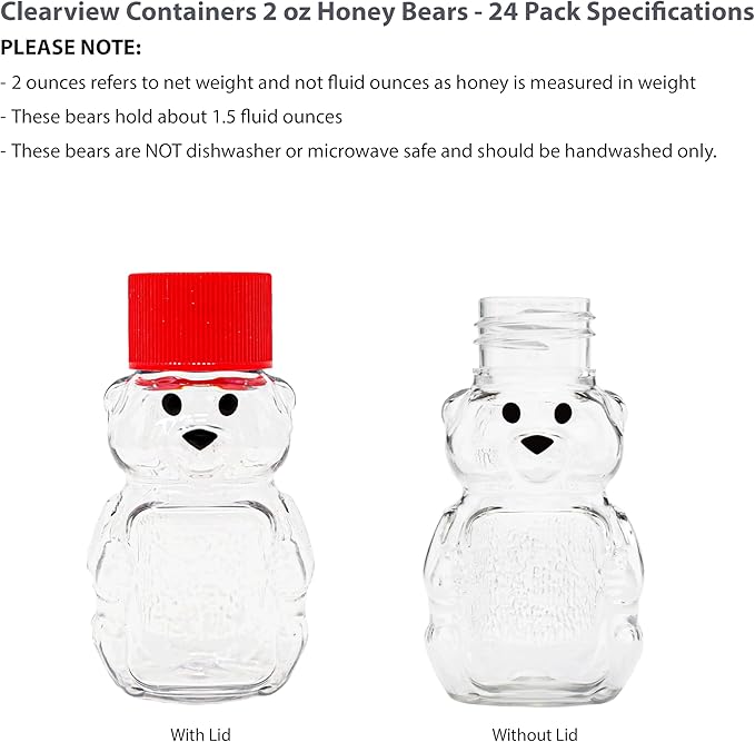 2 Ounce Honey Bears with Sealable Red Screw Top Lid - 24 Pack (2 oz. Bear, 24pk, Red)