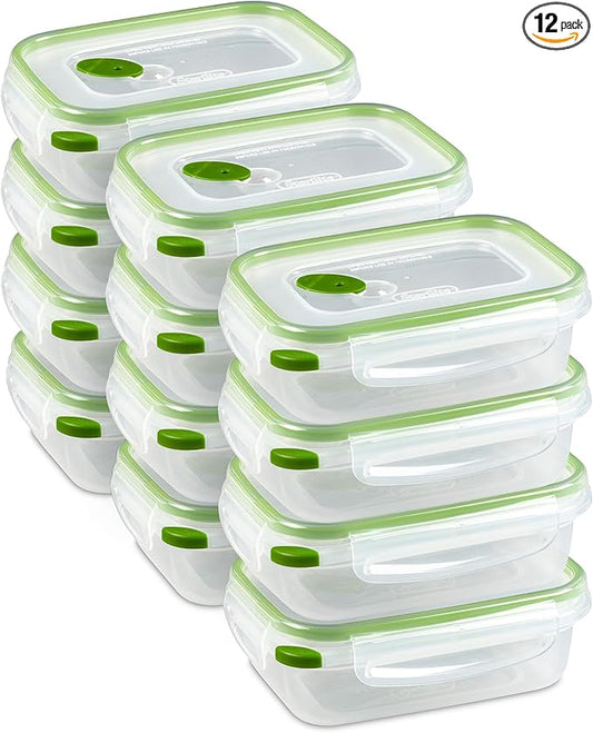 Sterilite Ultra-Seal 3.1 Cup Rectangle, Airtight Food Storage Container, Latching Lid, Microwave and Dishwasher Safe, Clear With Green Gasket, 12-Pack