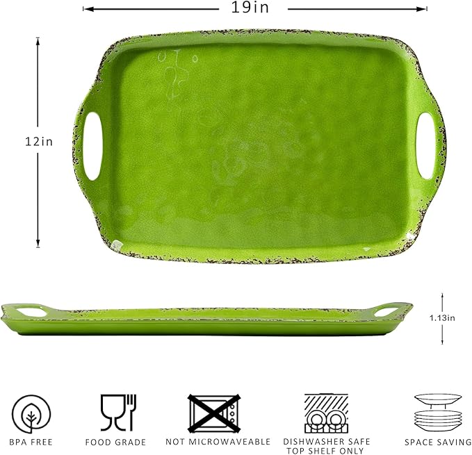 Large Melamine Serving Trays for Eating, 19'' x 12'' Serving Platter for Turkey, Christmas,Appetizer, Charcuterie, Food, Snack, Cupcakes, Dessert, Dishwasher Safe Tray, Set of 2, Green