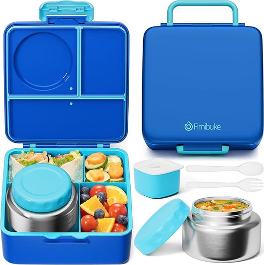 Fimibuke Bento Box for Kids Adult, BPA Free & Leakproof Toddler Lunch Box with 8.5oz Insulated Thermos Food Jar, Utensils & Sauce Jar, Dishwasher Safe 3 or 4 Compartment Container for School Girl Boy