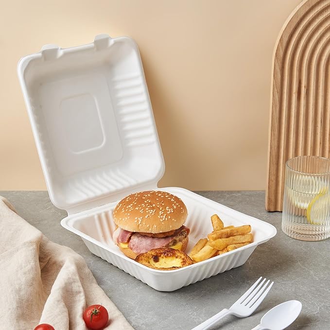 [8X8 1-Compartment 75-Pack Bio Natural Clamshell Take Out Food Containers with Lids, Disposable Bagasse Togo Trays, Eco-Friendly Biodegradable Made of Sugar Cane Fibers