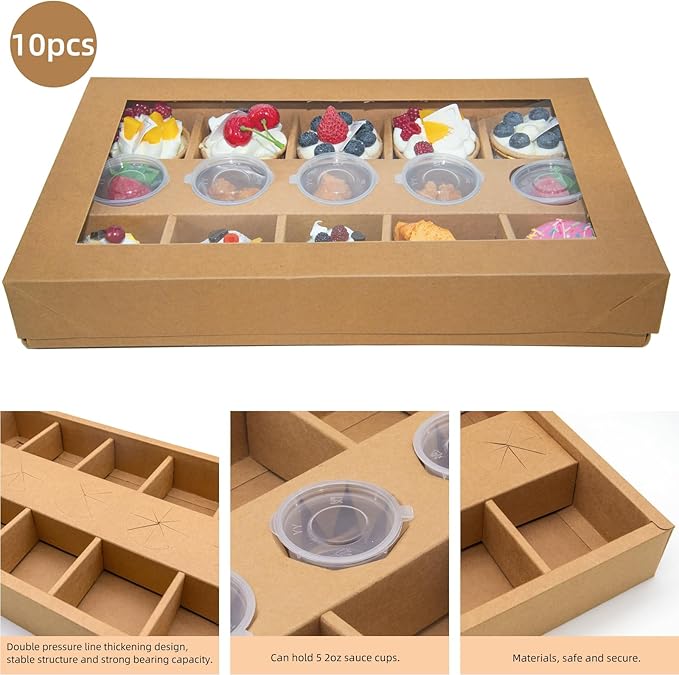 10PK 10-Grid Snack Bowls Heavy Duty, Kraft Paper Serving Window Tray Box 15.5x9x2in, Oil-proof Pastry Box for Outdoor Picnic Box Party Takeout Container