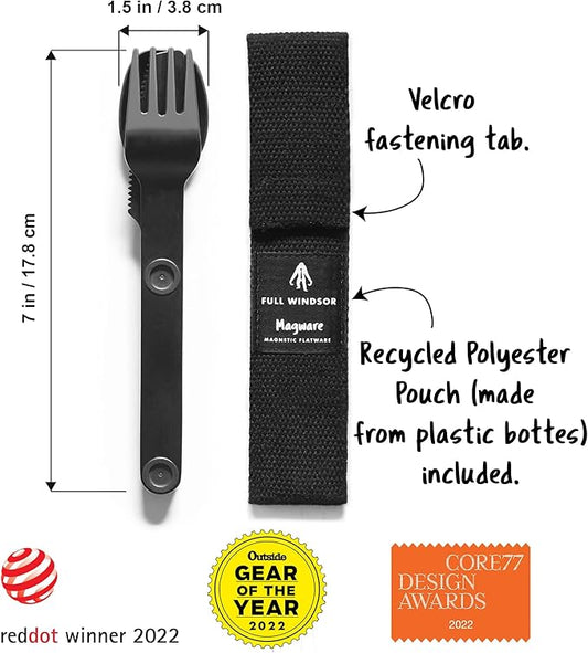 FULL WINDSOR - MAGWARE Magnetic Camping Cutlery Set - Travel Utensils for Camping, Cooking, and Outdoor Dining - Knife, Fork & Spoon- Portable Silverware with Pouch - Fathers Day Gifts - Black (3 PCS)