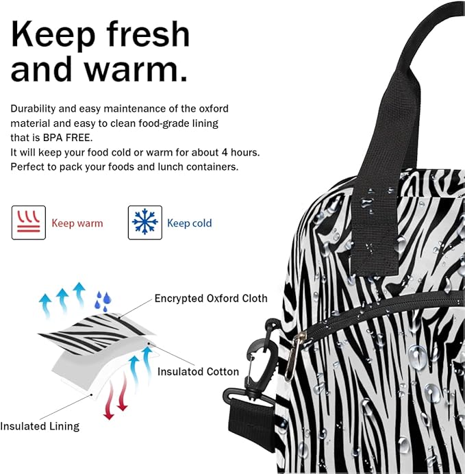 Pardick Animal Zebra Black White Insulated Lunch Bag for Women Men Adult Tote with Shoulder Strap Reusable Box Large Containers Thermal Cooler Work School Picnic Lightweight Handbag