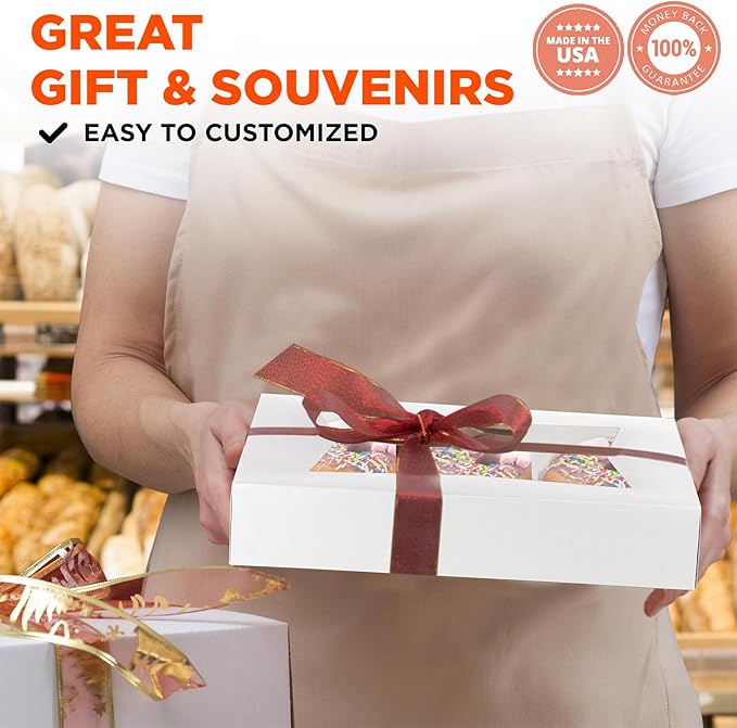 Fit Meal Prep 200 Pack White Bakery Boxes with Window, 12 x 8 x 2.25 Inches Auto-Popup Cookie Boxes, Treat Boxes for Chocolate, Muffins, Donuts, Pastries and Macaroons