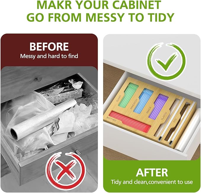 Bag Storage Organizer for Kitchen Drawer, 6 in 1 Foil and Plastic Wrap Dispenser with Cutter, Bamboo Plastic Bag Food Baggie Organizer for Gallon, Quart, Sandwich, Snack