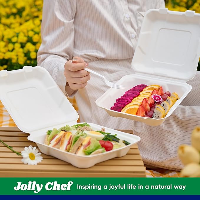 JOLLY CHEF Clamshell To Go Containers, 8 * 8" 50-Pack, Sugarcane To Go Boxes for Salad, Lunch