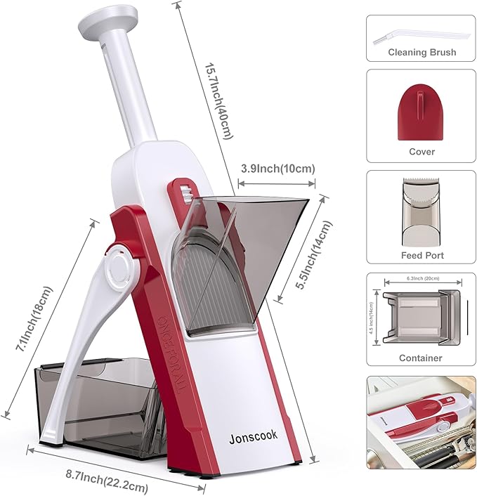 Safe Mandoline Slicer for Kitchen, Adjustable Thickness 0.1-8 mm, 5 in 1 Multi Vegetable Chopper, Potato Slicer, Food Chopper French Fry Cutte, with Paring Knife/Cleaning Brush, Mandolin (RoseRed)