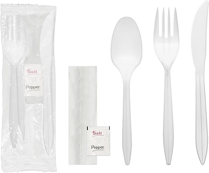 Party Essentials Individually Wrapped Plastic Cutlery Packets/Silverware Kits, White Fork/Spoon/Knife/Napkin/Salt/Pepper, 100 Sets
