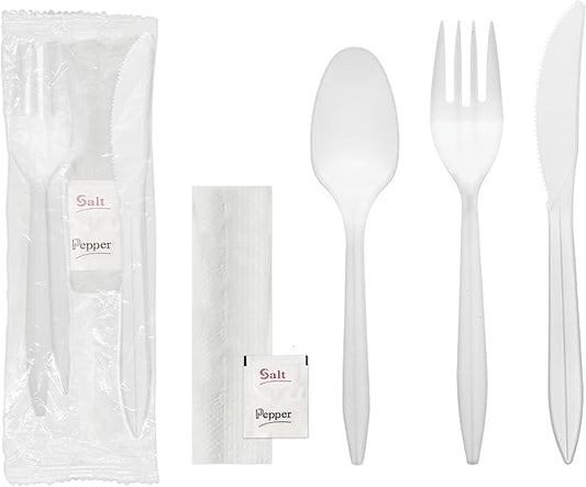 Party Essentials Individually Wrapped Plastic Cutlery Packets/Silverware Kits, White Fork/Spoon/Knife/Napkin/Salt/Pepper, 100 Sets