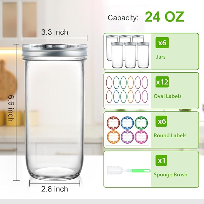 Wide Mouth Mason Jars 24 oz, 6 Pack 720ml Glass Canning Jars with Airtight Lids, Large Storage Jars with Labels Brush, Clear Mason Jars for Canning, Fermenting, Pickling, DIY Projects