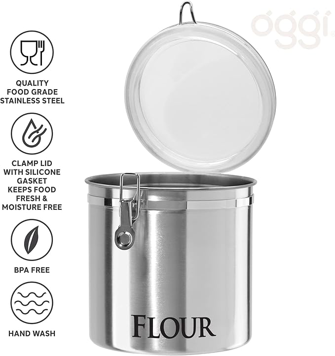 Oggi Stainless Steel Kitchen Canister 152oz + Oggi Jumbo 8" Stainless Steel Flour Clamp Canister