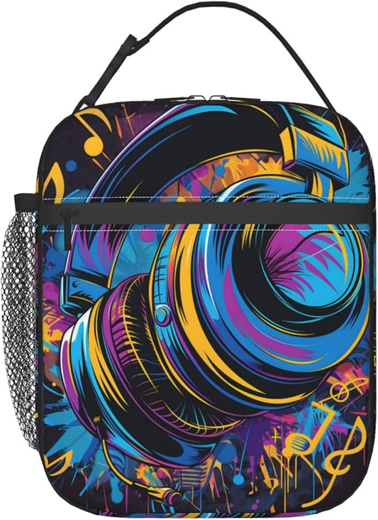 Insulated Lunch Box for Kids Boys Girls, Reusable Lunch Bag for School, Office, Work, Picnic, Travel, Headphones and Music Notes Lunch Box
