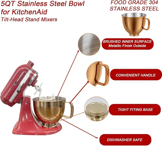 5 QT Stainless Steel Mixer Bowl for KitchenAid Artisan&Classic Series 4.5-5QT Tilt-Head Mixers K45 KSM70 KSM150 etc. Replacment for KitchenAid Mixer Bowl(Heavy Duty Radiant Copper)