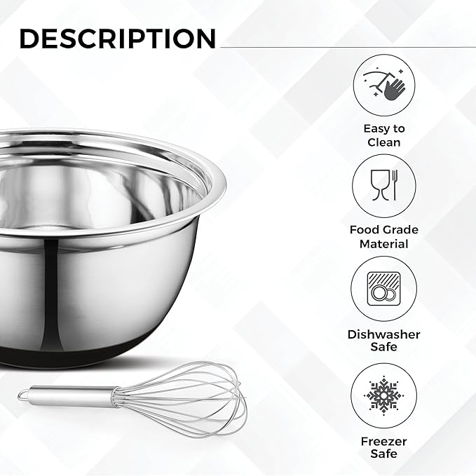 AVADOR Premium Stainless Steel Mixing Bowls, Set of 5 Brushed Stainless Steel Mixing Bowl Set, Easy To Clean, Space Saving, Great for Cooking, Baking, Prepping (7 pc Anti Slip Mixing Bowl + Whisk)