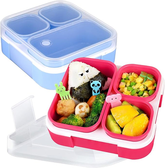 Genteen Small Kids Snack Containers for School 3 Compartment Travel Snack Containers with Dividers Portion Control Lunch box for Kids with Leak-proof Lids BPA Free (Dark Pink + Blue)
