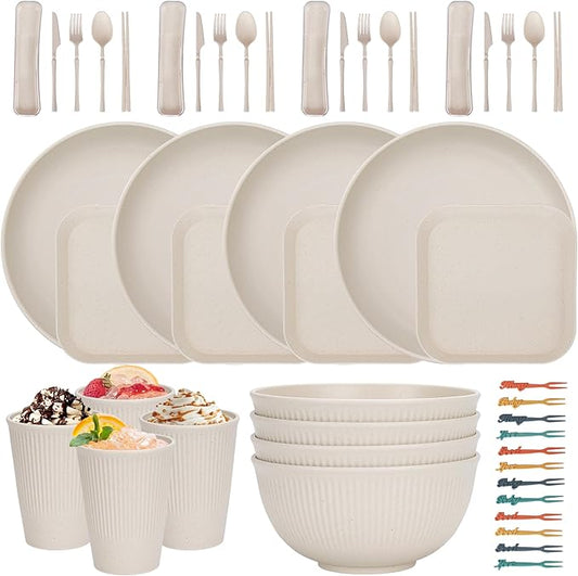 48 Pcs Dinnerware Sets, Unbreakable Plates and Bowls Sets, Reusable Dinnerware Sets for 4 People, Travel Camping Picnic Home Party Cutlery Set, Dishwasher Microwave Safe Dishes
