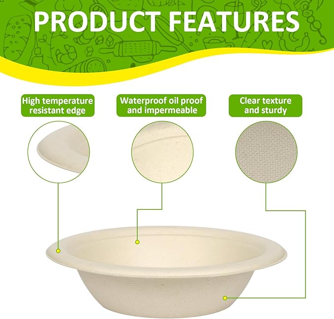 Paper Bowls, 100% Compostable Disposable Soup/Salad Bowls 12 Oz 125 Pack, PFAS-Free BPI Certified Eco-Friendly Hot/Cold Food Bowls, Natural Brown