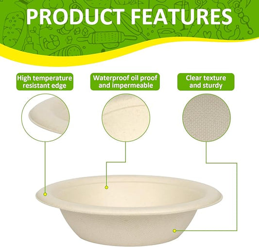 Paper Bowls, 100% Compostable Disposable Soup/Salad Bowls 12 Oz 125 Pack, PFAS-Free BPI Certified Eco-Friendly Hot/Cold Food Bowls, Natural Brown