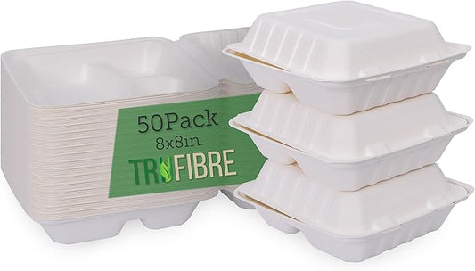 White Disposable Food Containers with Lids, To Go Clamshell, Take Out Boxes for Delivery, Cakes, Desserts, Party Favors, Events, 8x8 50 Pack