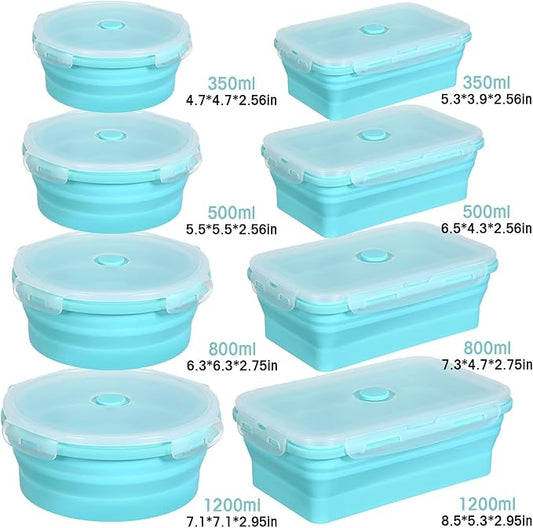 Yaomiao 16 Pack Collapsible Food Storage Containers with Lid Foldable 8 Pcs Rectangle Storage Bowl and 8 Pcs Round Silicone Food Bow for Lunch Rv Accessories Microwave Freezer Safe(Blue)