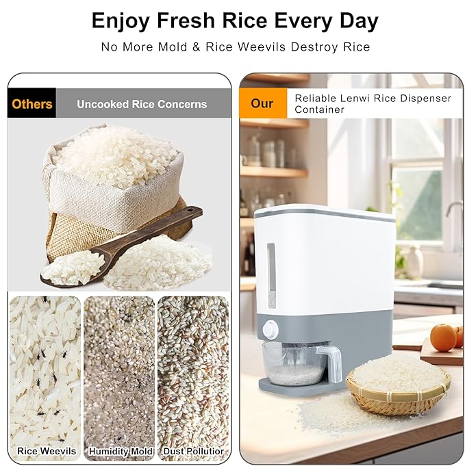 Rubtlamp 22.5-25 Lbs Gray Rice Dispenser, Rice Container with Lid, Rice Storage Container with Measuring Cup, Food Dispenser Rice Container, Storage Container for Cereal, Household Rice Bucket