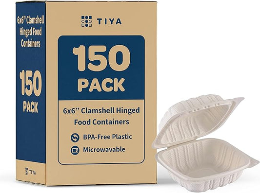 TIYA Clamshell Food Containers - White Bulk 150 Pack, 6x6 in - BPA-Free Plastic To-Go Containers - Microwavable, Hinged, Tall Takeout Clamshells - Great for Meal Prep