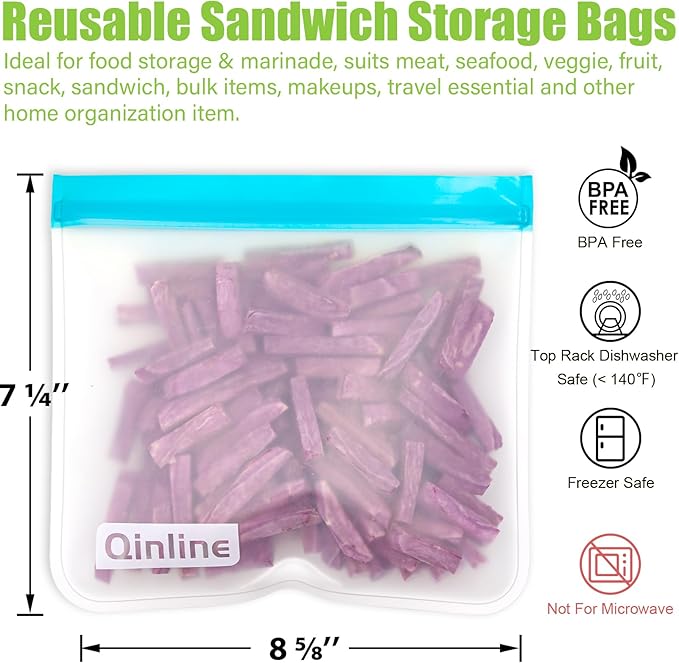 Reusable Food Storage Bags - 10 Pack Freezer Bags Silicone, Extra Thick Leakproof Lunch Bags for Salad Fruit Marinate Meats Travel - 10 Sandwich Storage Bag
