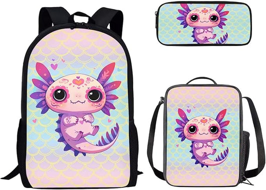 Dolyues Scale Axolotl 17-Inch Girls' 3-Piece Backpack Set - Waterproof School Bag with Lunch Box and Pencil Case - Perfect Travel Gift for School