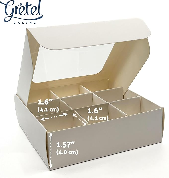 Treat boxes with window and dividers | 9 X-SMALL compartments | 5 x 5 x 1.57 in | Empty candy boxes for gift giving, truffle box - perfect for Valentine's Day | 10-pack (White)