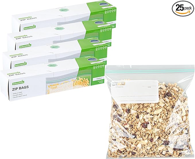 Restaurantware Bag Tek 1 Gallon Storage Zip Bags 25 Disposable Zipper Pouch Bags - Double Zipper Greaseproof Clear Plastic Zip Bags With Write-On-Label For Food Organization And Storage