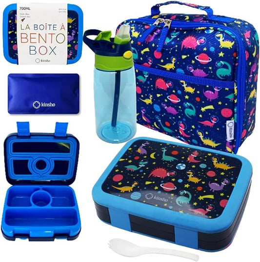 Bento Lunch Box with Bag, Water Bottle & Ice Pack Set for Kids Toddlers, 4 Portion Sections, Removable Tray, Pre-School Boy Toddler Daycare Lunches, Insulated Snack Container, Blue Space Dinosaur