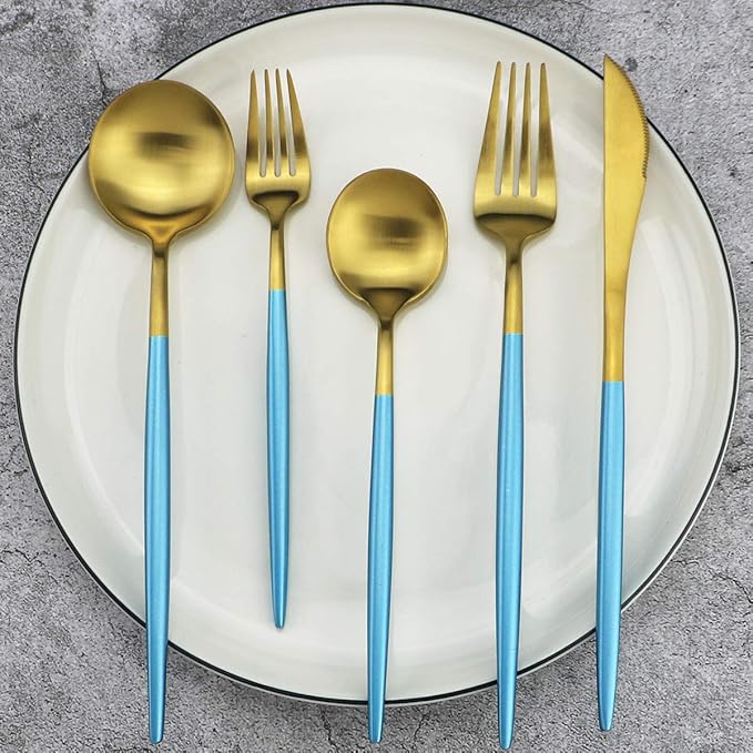 20-Piece 18/10 Stainless Steel Flatware Silverware, Luxury Dinnerware Set Travel Cutlery Tableware Include Knife Fork Spoon Service for 4, Dishwasher Safe (Blue Handle Matte Gold)