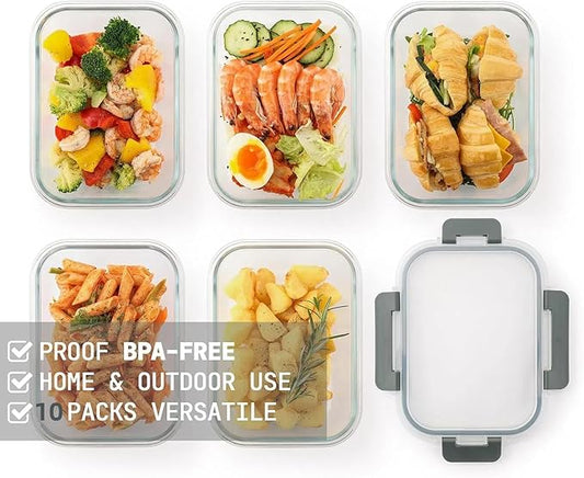 10 Pack 22 Oz Glass Meal Prep Containers with Lids, Reusable Glass Food Storage Containers with Lids, Leak Proof, Microwave, Oven, Freezer and Dishwasher Safe (Green)
