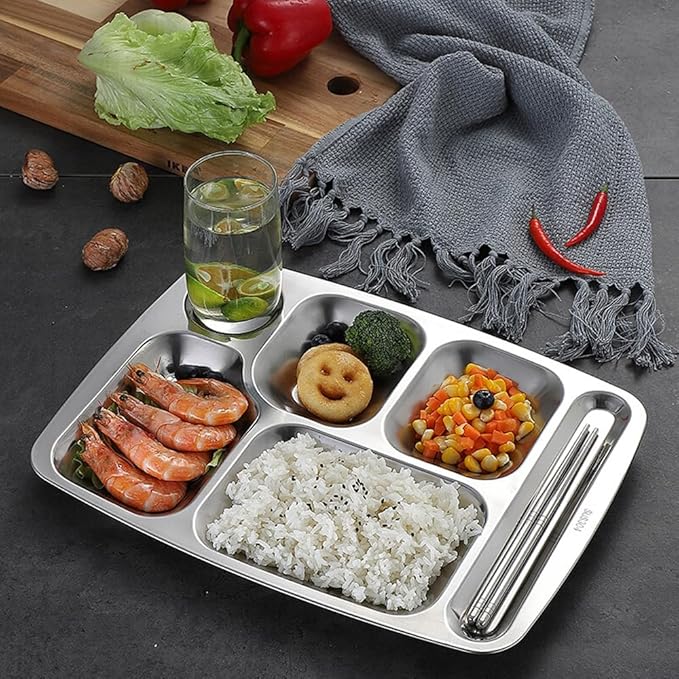 2 Pack Stainless Steel Divided Plates, Large 6 Sections Dinner Plates for Adults,Rectangular Serving Platter for Camping,Unbreakable Divided Portion Plates,Dishwasher Safe