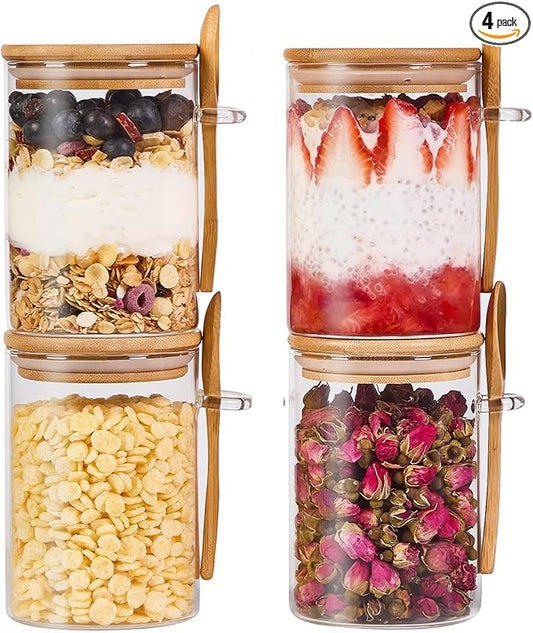 Set of 4 Airtight Glass Jars with Bamboo Lids and Spoons, 22 OZ Overnight Oats Containers with Lids,Glass Food Storage Jars Perfect for Coffee, Tea, Sugar, Spices, Beans, and More