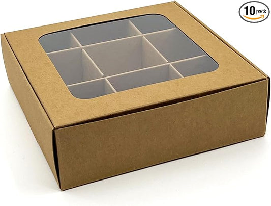 Treat boxes with window and dividers | 9 X-SMALL compartments | 5 x 5 x 1.57 in | Empty candy boxes for gift giving, truffle box - perfect for Valentine's Day | 10-pack (Kraft)