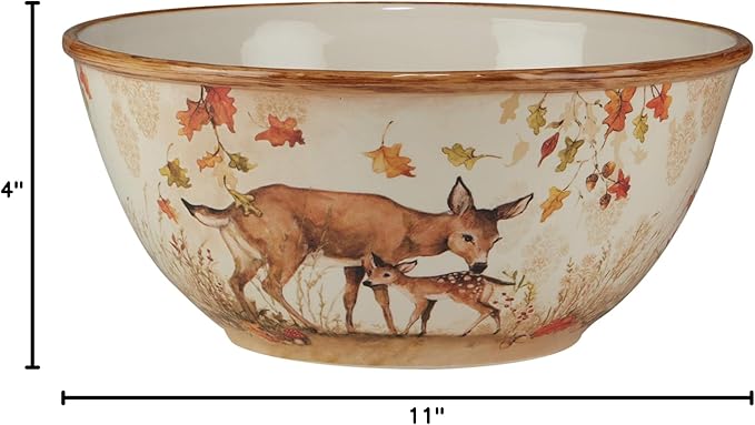 Pine Forest 152 oz. Ceramic Deep Serving Bowl – Large Woodland Forest Themed Bowl with Deer and Autumn Leaves for Mixing, Serving Pasta, Fruit, Holiday Meals, Harvest Sides, or Seasonal Entertaining