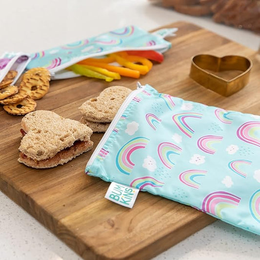 Bumkins Reusable Sandwich and Snack Bags, for Kids School Lunch and for Adults Portion, Washable Fabric, Waterproof Cloth Zip Bag, Travel Pouch, Food-Safe Storage, 4-pack Unicorns and Rainbows