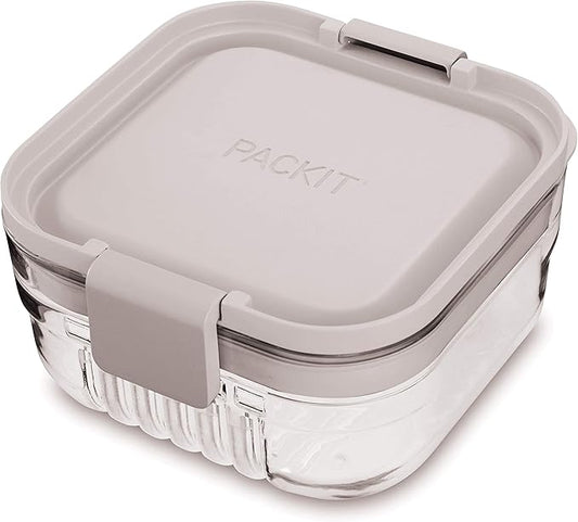 PackIt Mod Snack Bento Food Storage Container, Steel Gray, Shatterproof Crystal Clear Base, with Leak-resistant Dividers and Lid, Microwavable, Dishwasher Safe, Perfect for Snacks