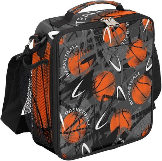 Basketball Sport Lunch Box Kids Insulated Lunch Bag for Boys Girls, Reusable Waterproof Lunch Box with Adjustable Shoulder Strap Cooler Tote Bag for School, Work, Picnic
