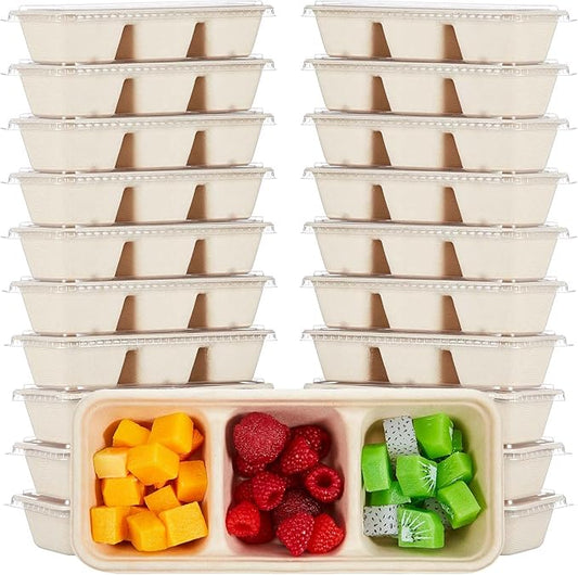 Hushee 100 Pack 17 oz Small Meal Prep Containers 3 Compartments with Lids, Disposable Plastic Bento Boxes Reusable Stackable Food Containers Travel Lunch Boxes for Office, Picnic (Natural)