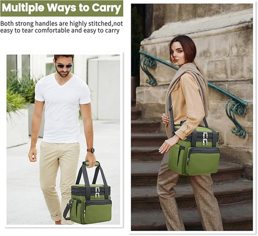 Insulated Lunch Bag & Lunch Box for Men - Double Deck Reusable Lunch Bag for Women Tote Cooler Bag Leakproof Soft Expandable - Large Lunchbox for Work/Adult/Picnic/Outdoor (Green，15L)