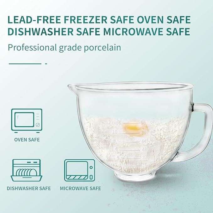 Glass Bowl Compatible With KITCHENAID 4.5/5 QT Tilt-Head Stand Mixer,with Lid Measurement Markings,Allows Placing it in the Microwave and Refrigeratr