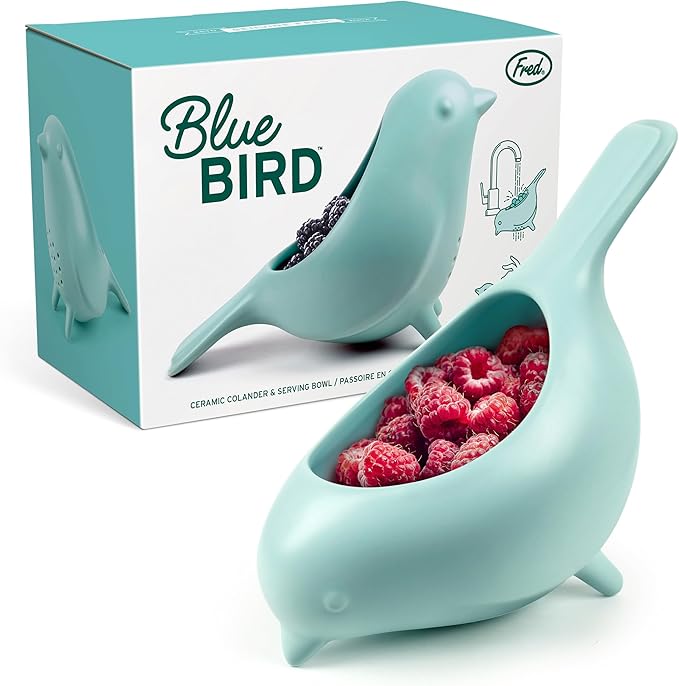 Genuine Fred BLUE BIRD Ceramic Colander, Charming, Unique Design, Berry Colander, Fun Kitchen Gadget